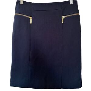 Michael Kors Pencil Skirt Womens Size 8 Navy Blue Gold Zipper Office Siren Money